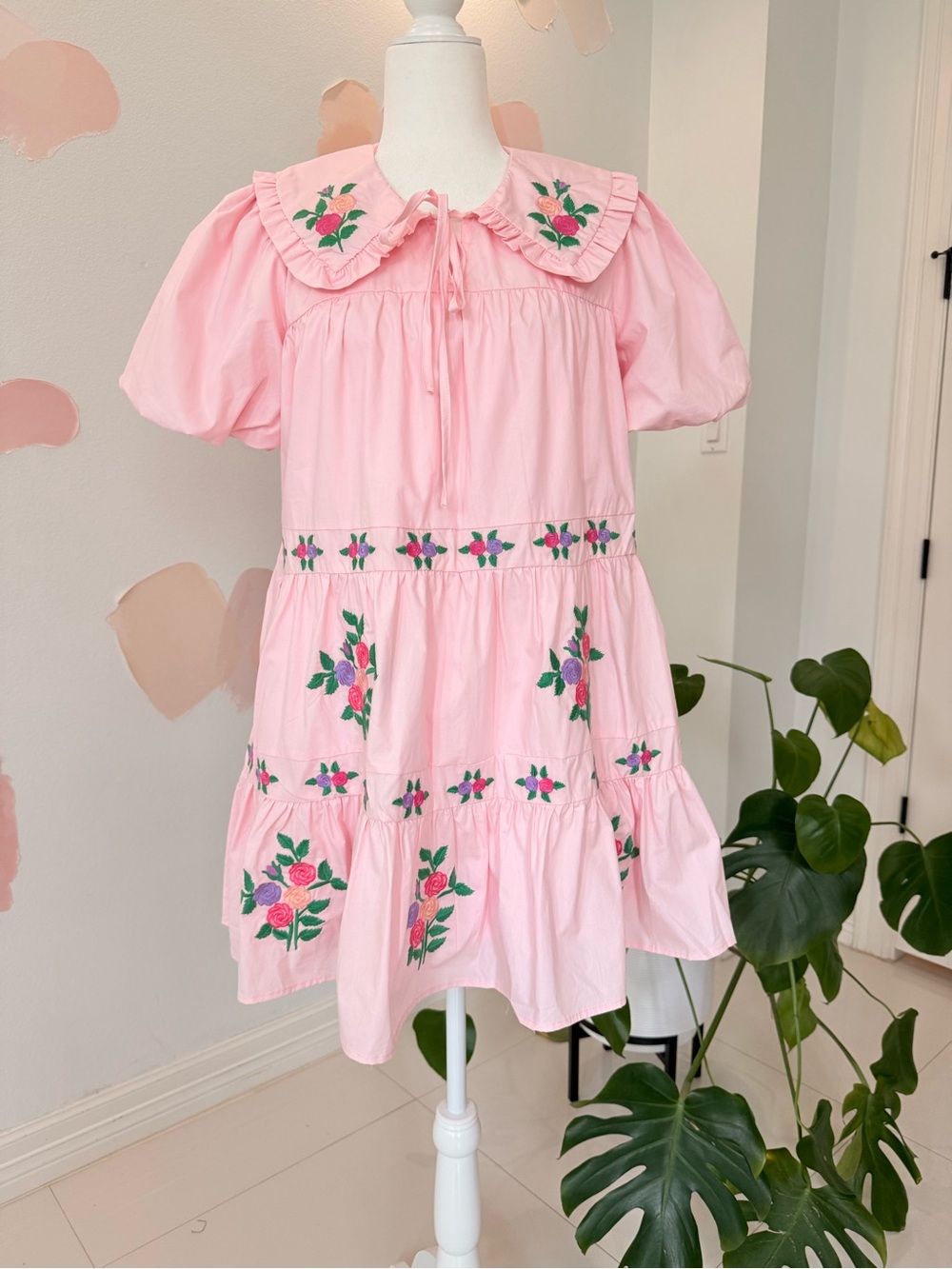 Pink Floral Embroidered Tiered Dress